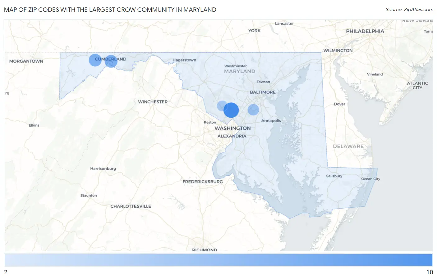 Zip Codes with the Largest Crow Community in Maryland Map