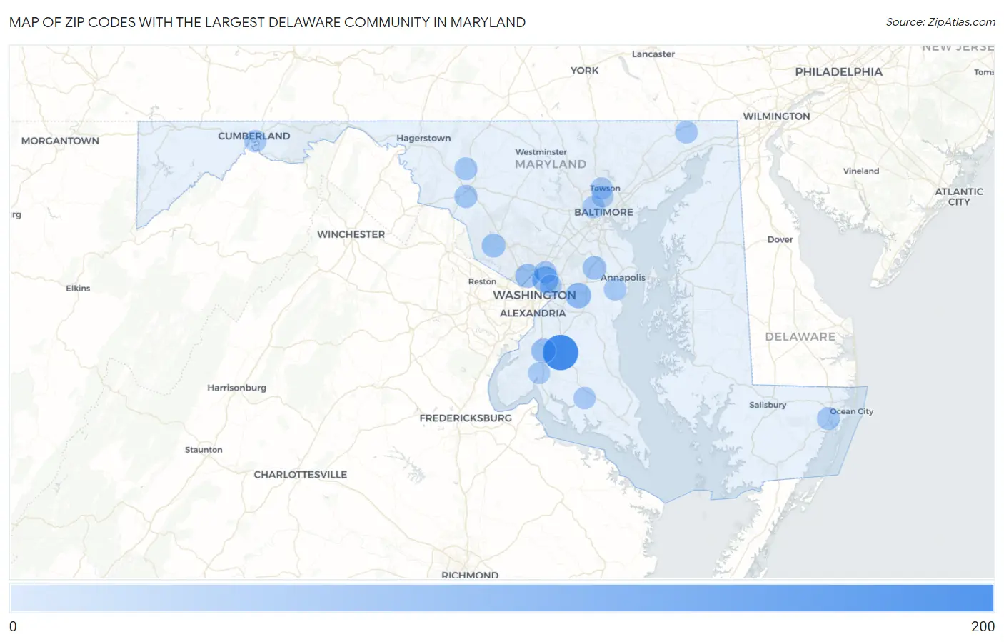 Zip Codes with the Largest Delaware Community in Maryland Map