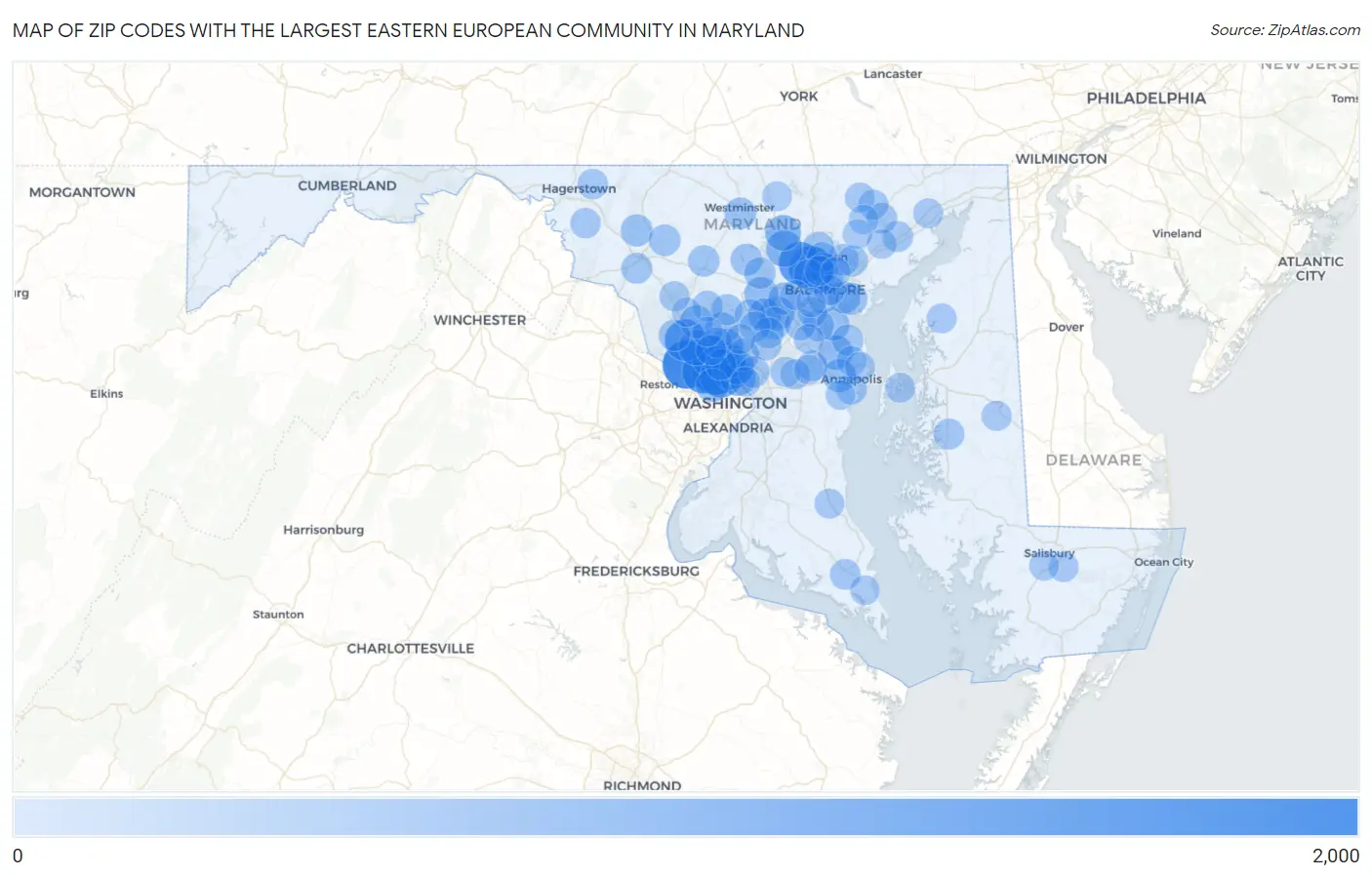 Zip Codes with the Largest Eastern European Community in Maryland Map