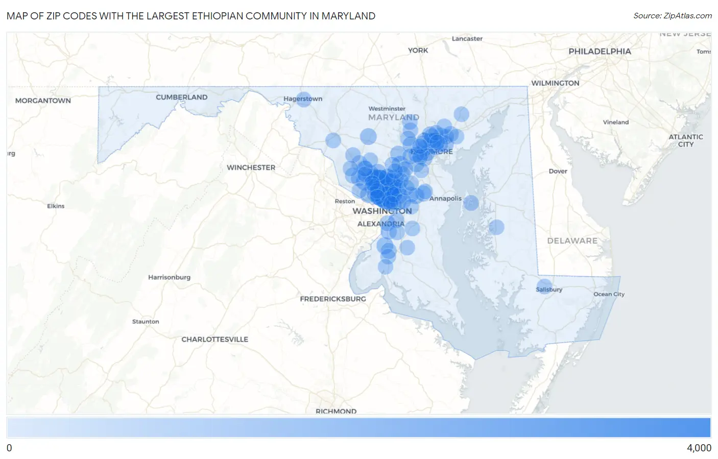 Zip Codes with the Largest Ethiopian Community in Maryland Map
