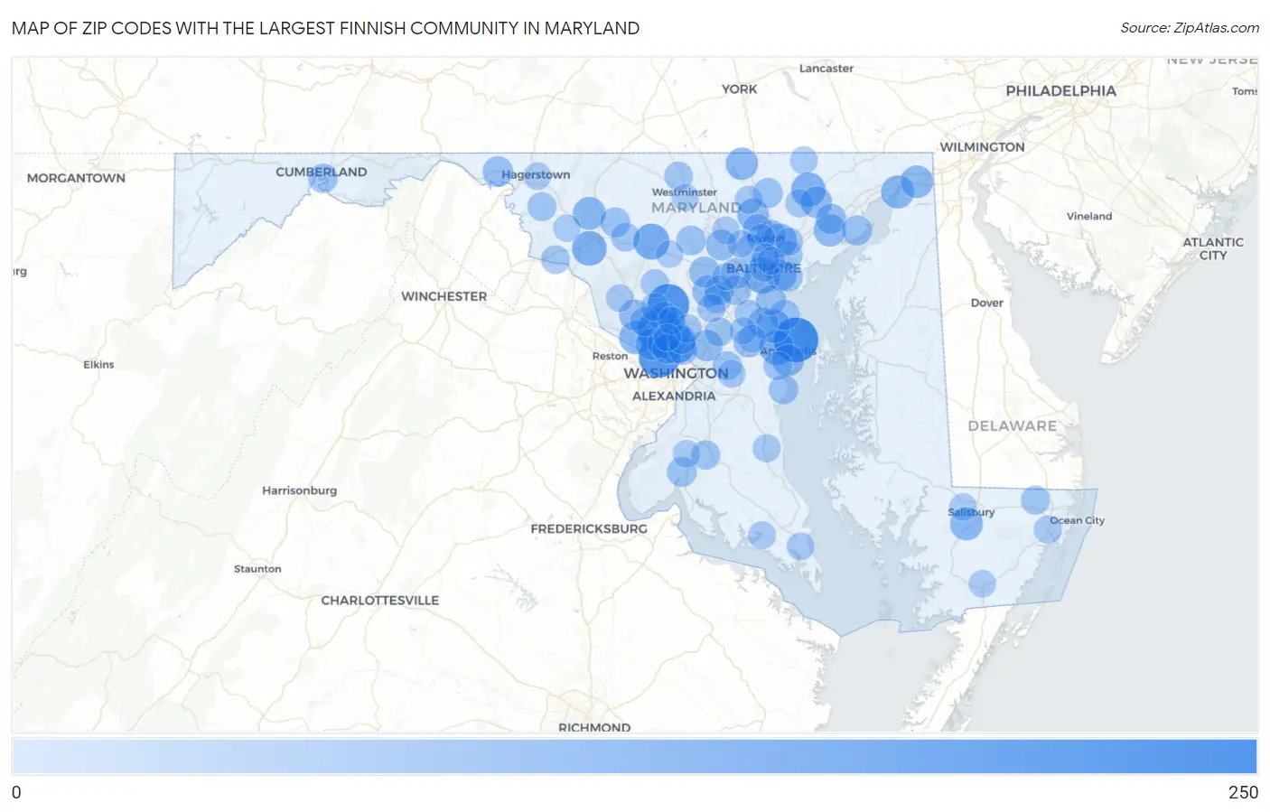 Zip Codes with the Largest Finnish Community in Maryland Map