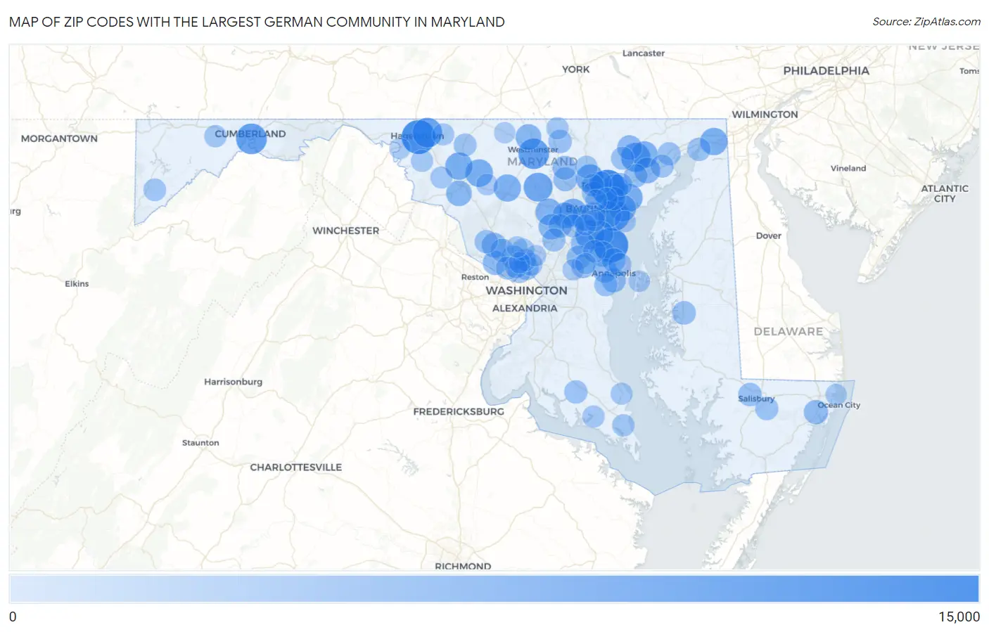 Zip Codes with the Largest German Community in Maryland Map