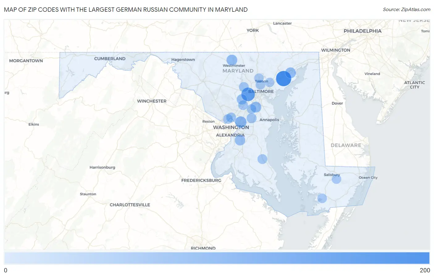 Zip Codes with the Largest German Russian Community in Maryland Map