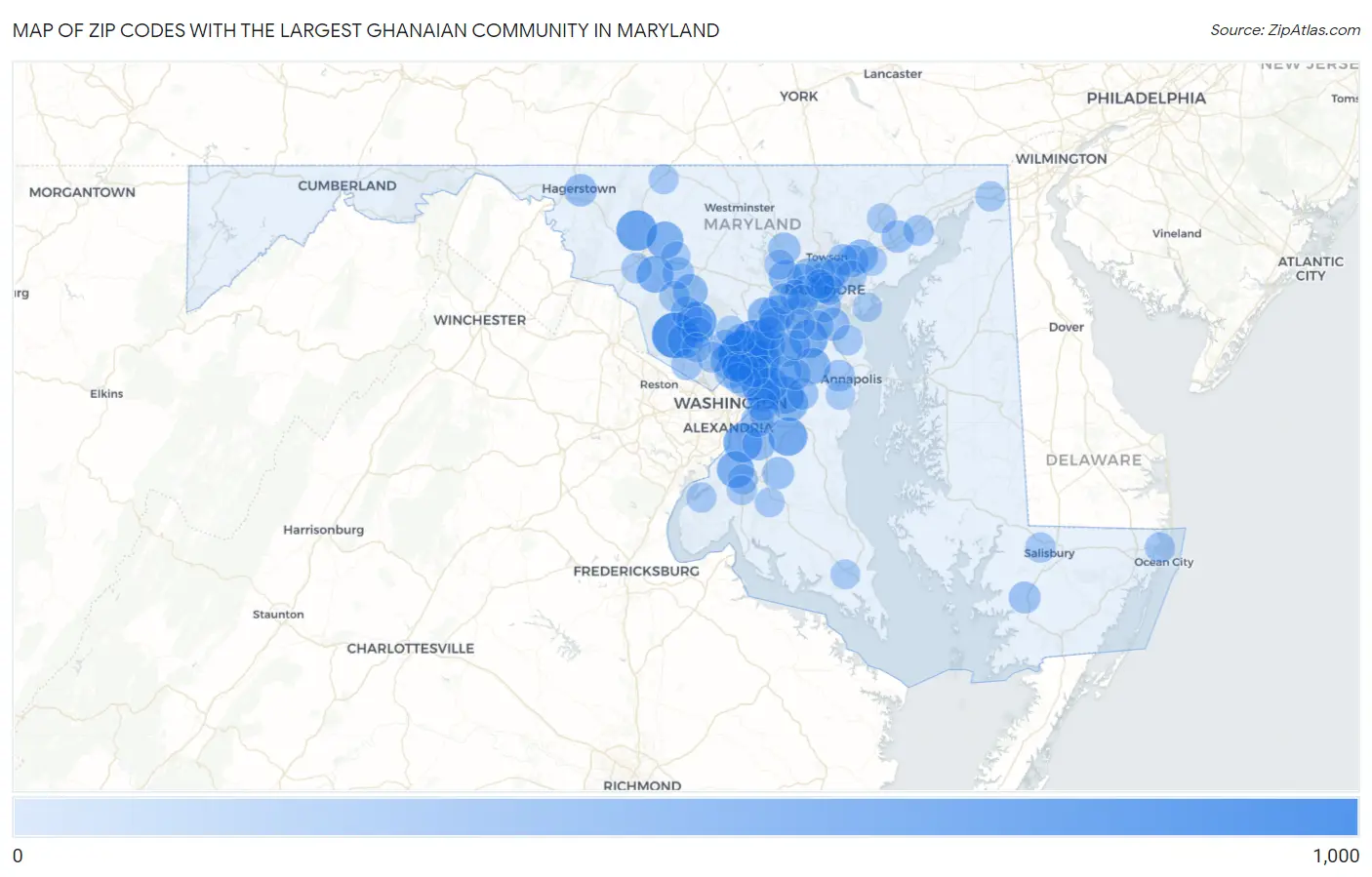Zip Codes with the Largest Ghanaian Community in Maryland Map