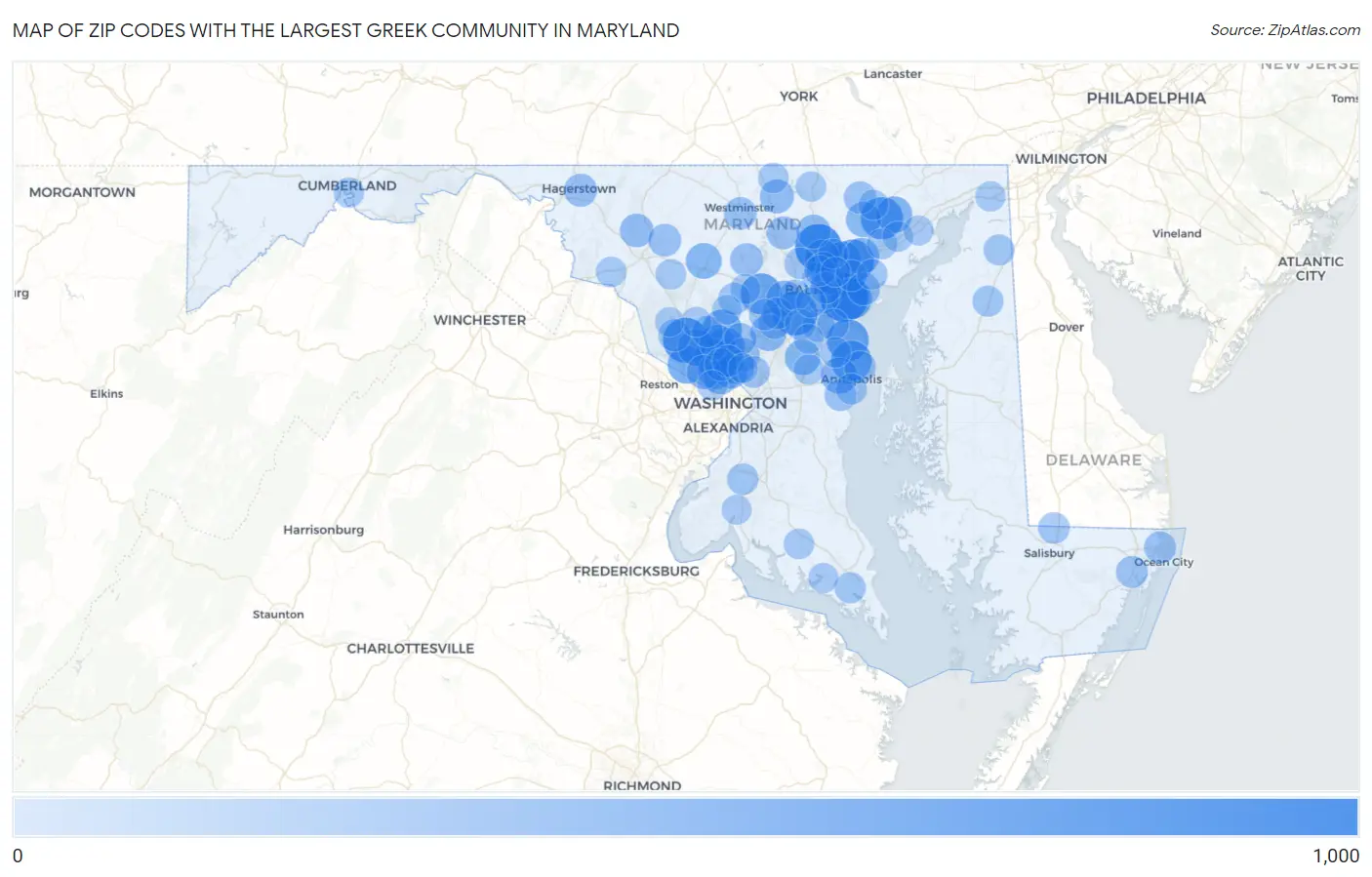 Zip Codes with the Largest Greek Community in Maryland Map