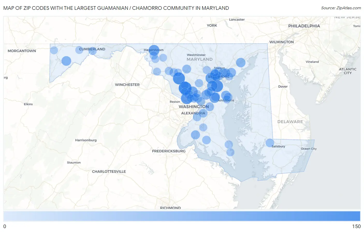 Zip Codes with the Largest Guamanian / Chamorro Community in Maryland Map