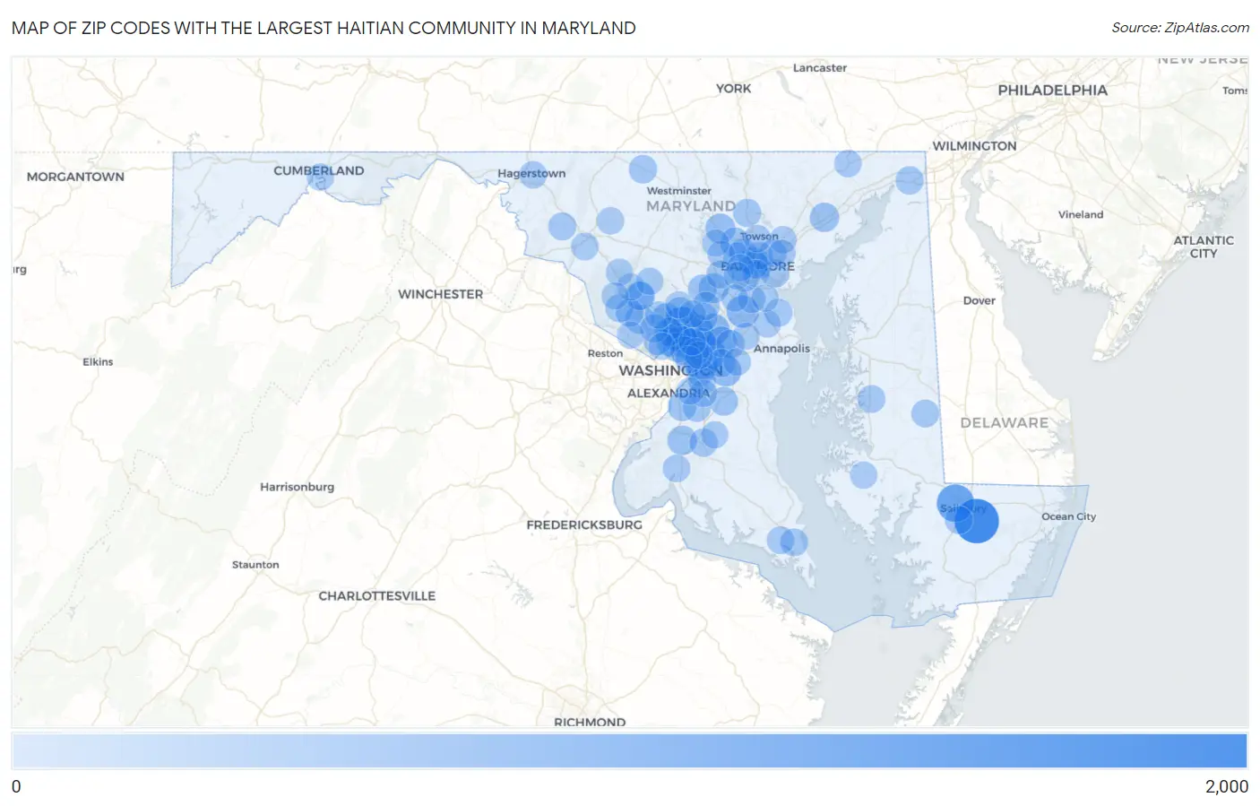 Zip Codes with the Largest Haitian Community in Maryland Map