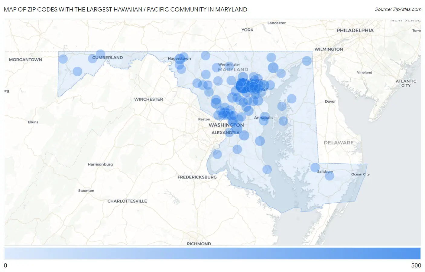 Zip Codes with the Largest Hawaiian / Pacific Community in Maryland Map