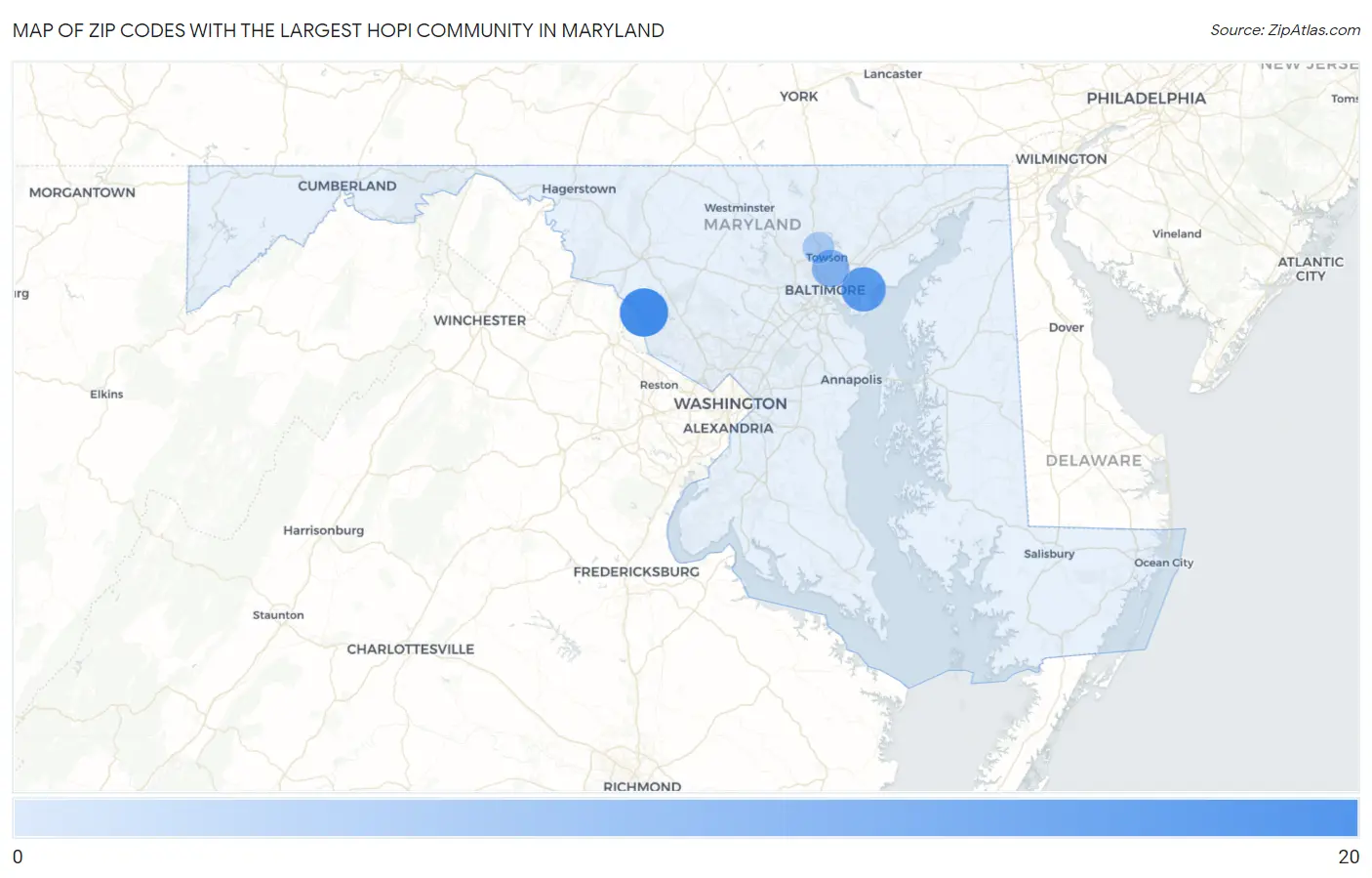 Zip Codes with the Largest Hopi Community in Maryland Map