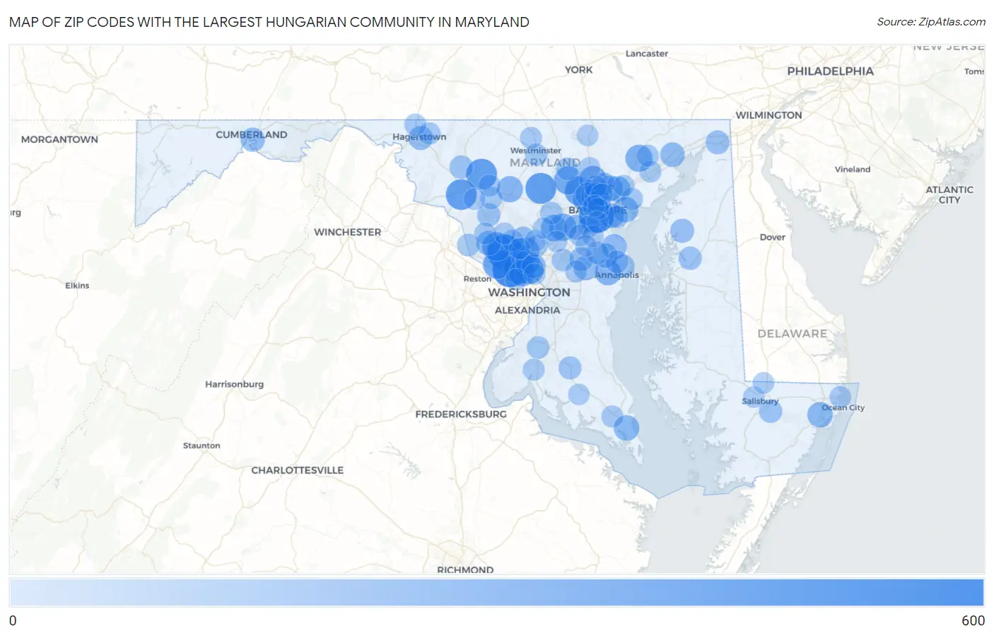 Zip Codes with the Largest Hungarian Community in Maryland Map