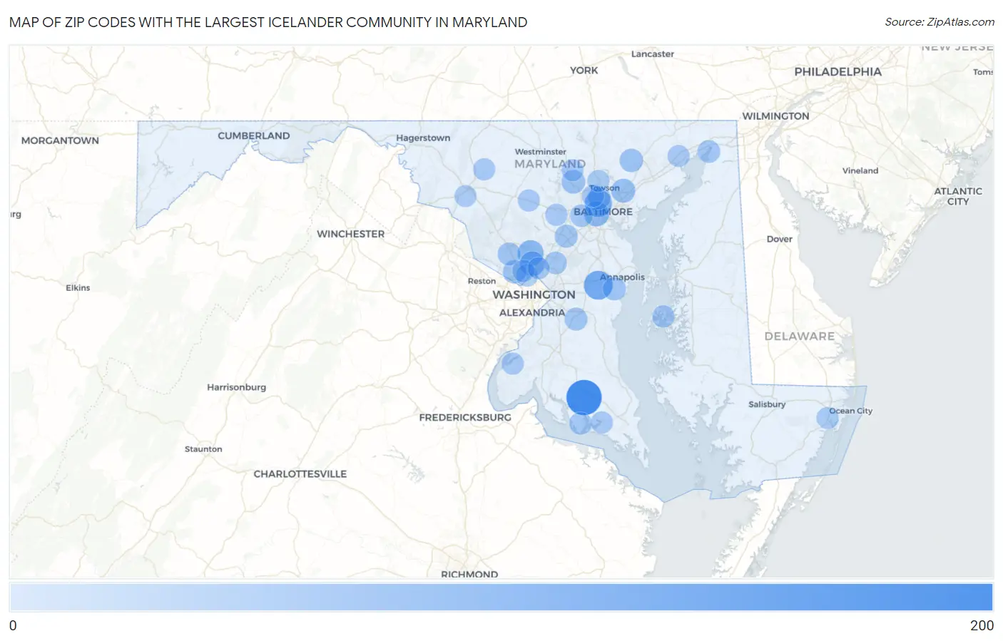 Zip Codes with the Largest Icelander Community in Maryland Map