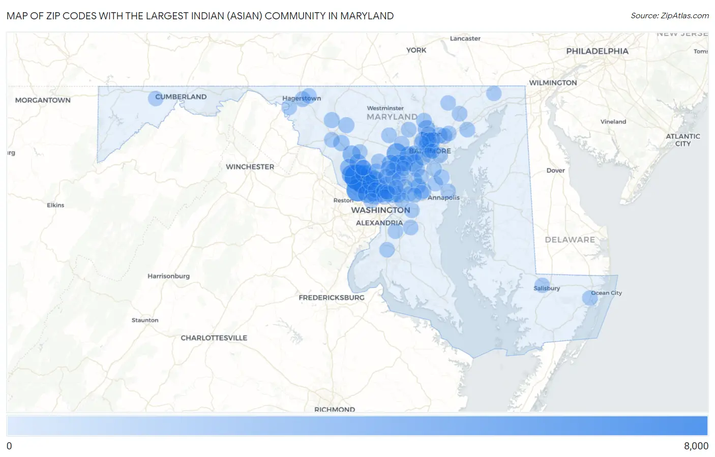 Zip Codes with the Largest Indian (Asian) Community in Maryland Map