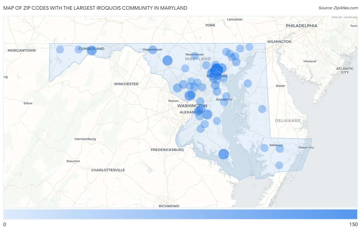 Zip Codes with the Largest Iroquois Community in Maryland Map