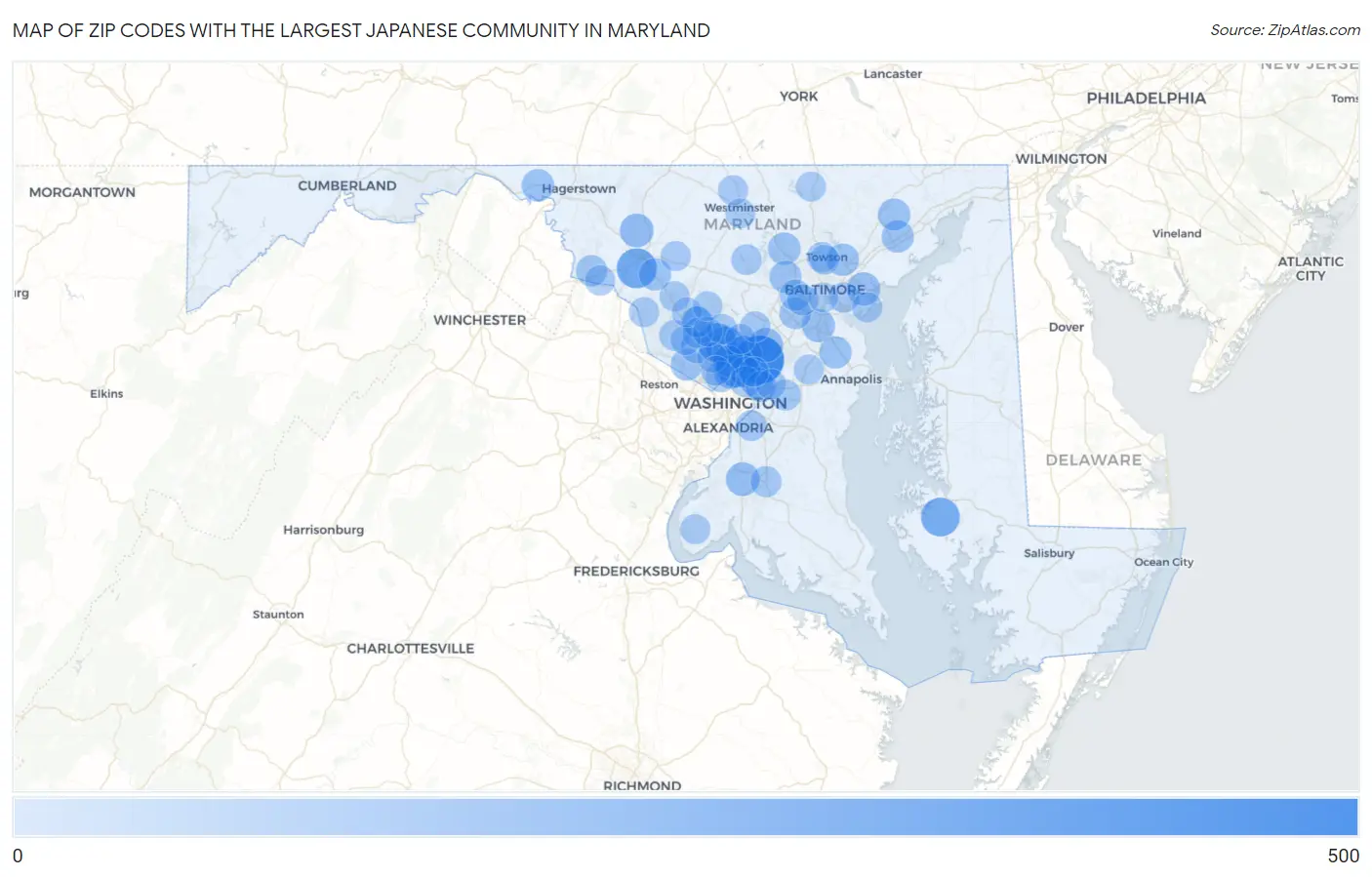 Zip Codes with the Largest Japanese Community in Maryland Map