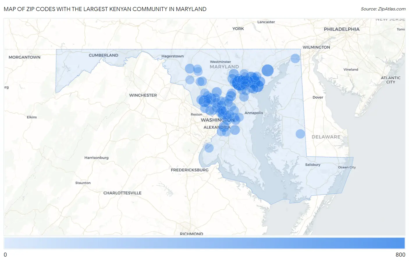 Zip Codes with the Largest Kenyan Community in Maryland Map
