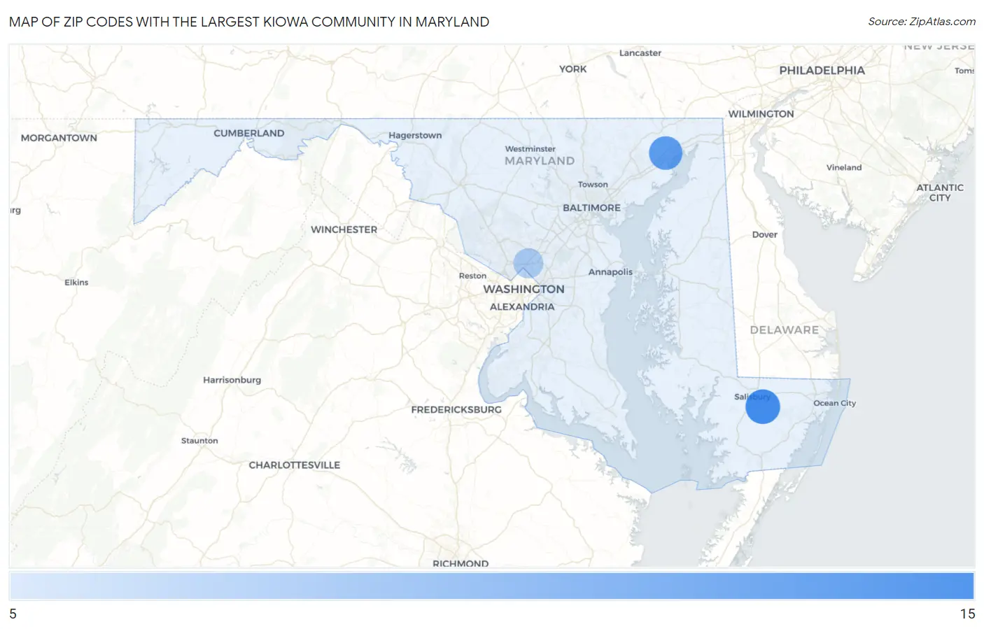 Zip Codes with the Largest Kiowa Community in Maryland Map