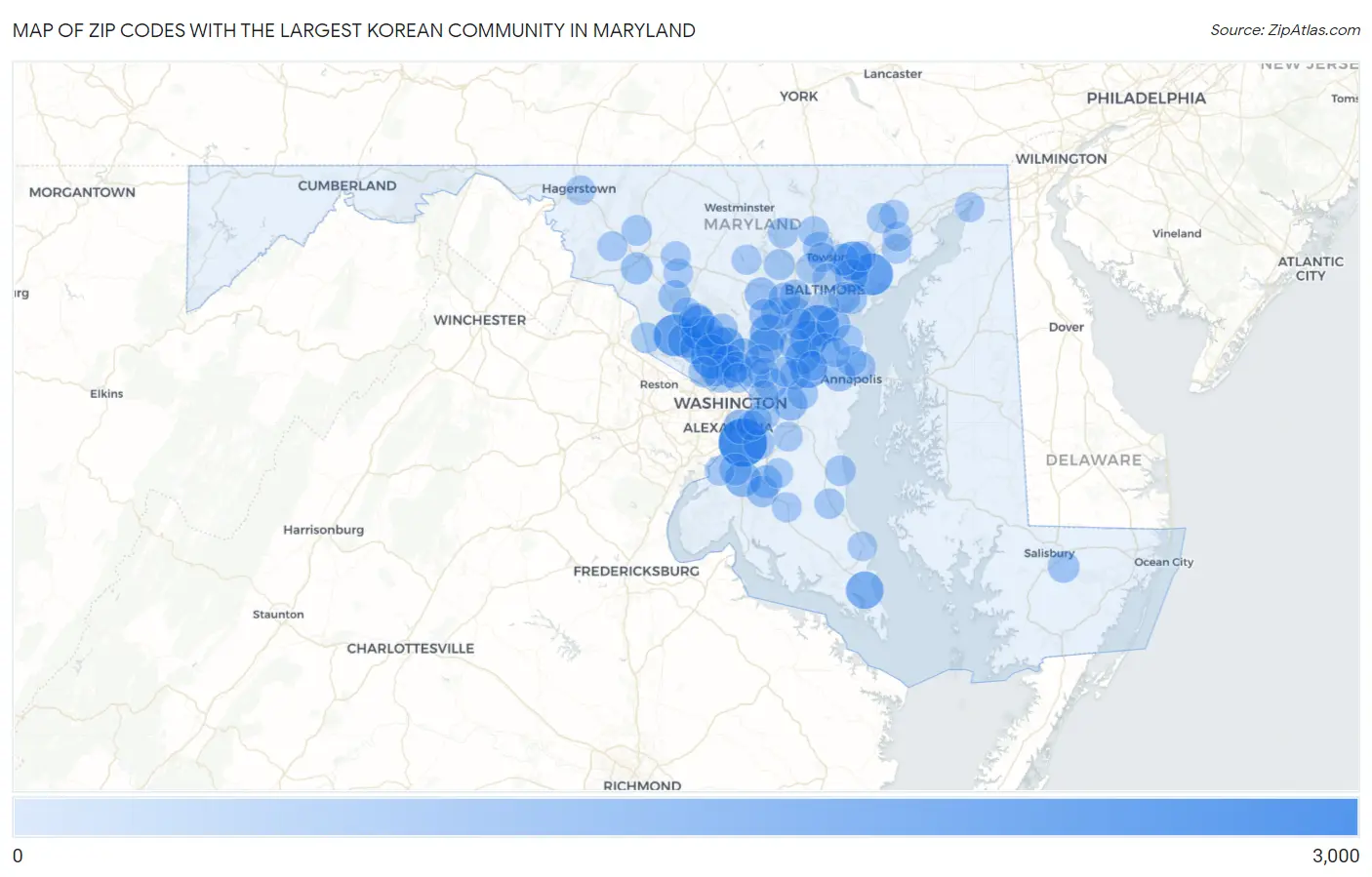 Zip Codes with the Largest Korean Community in Maryland Map