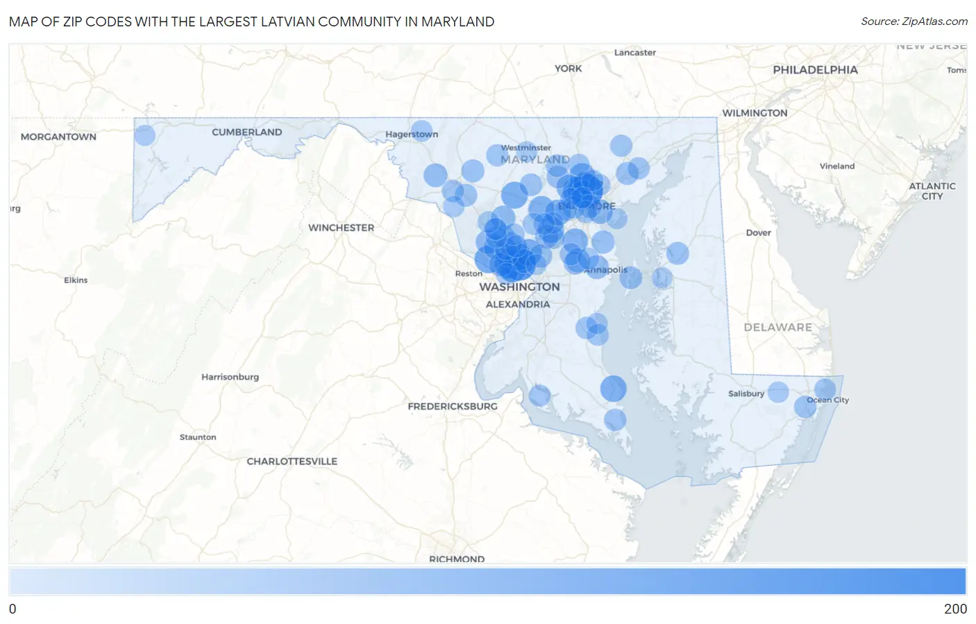 Zip Codes with the Largest Latvian Community in Maryland Map