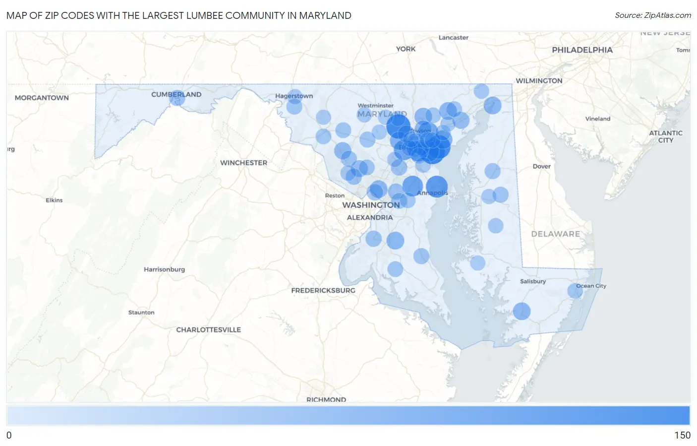 Zip Codes with the Largest Lumbee Community in Maryland Map