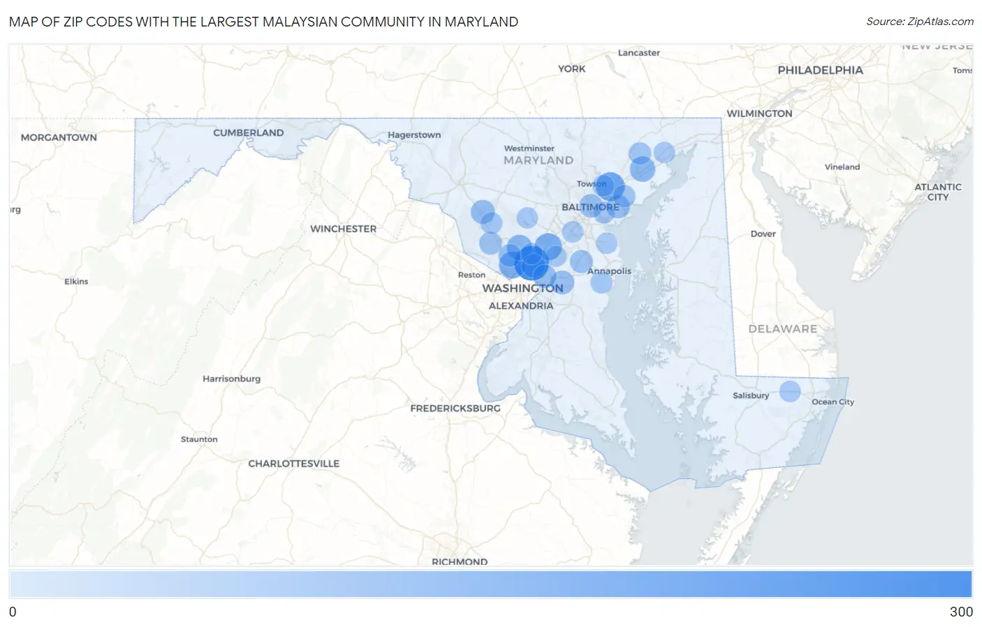 Zip Codes with the Largest Malaysian Community in Maryland Map