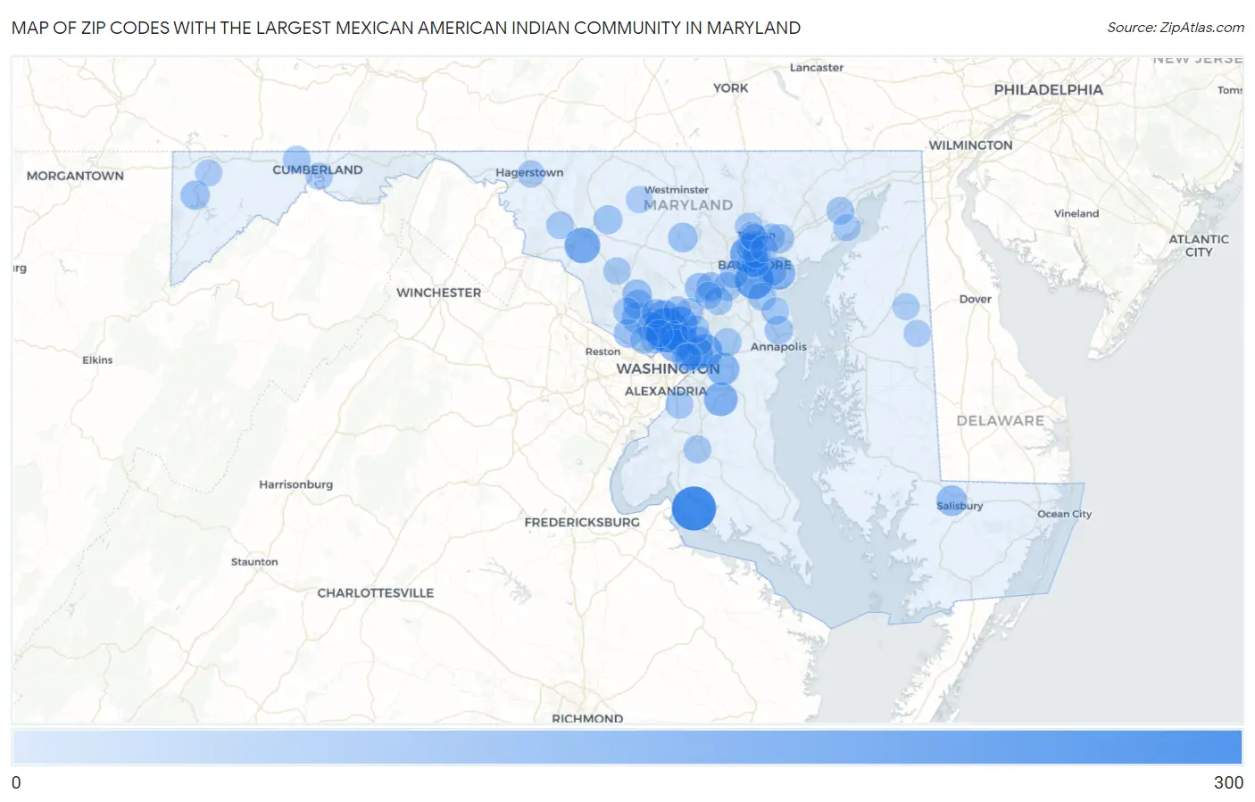 Zip Codes with the Largest Mexican American Indian Community in Maryland Map