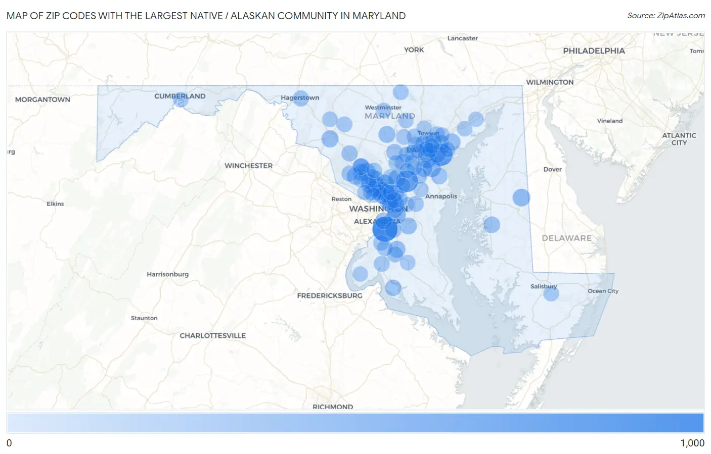 Zip Codes with the Largest Native / Alaskan Community in Maryland Map
