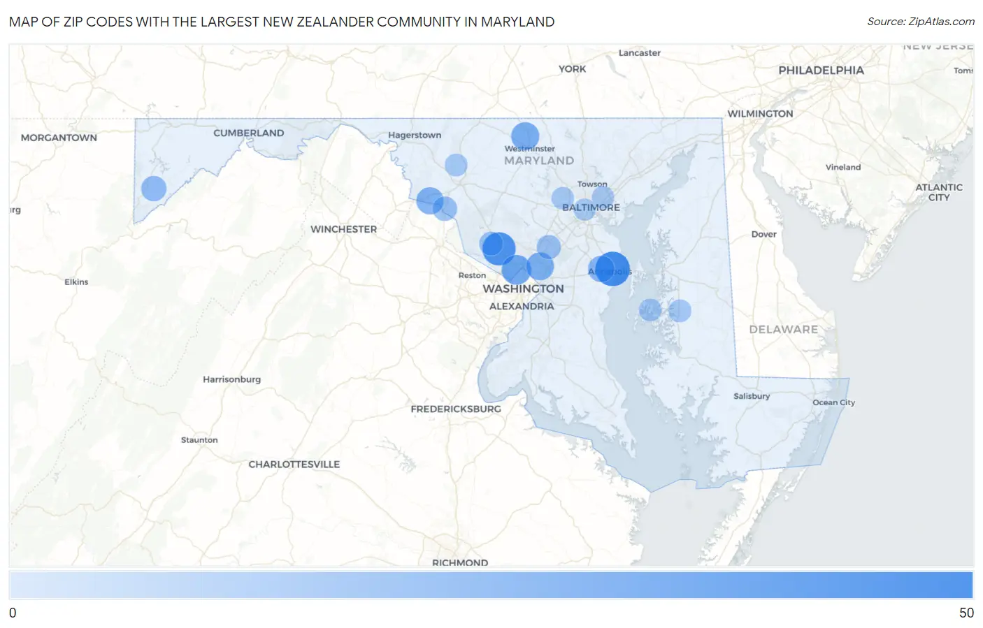 Zip Codes with the Largest New Zealander Community in Maryland Map
