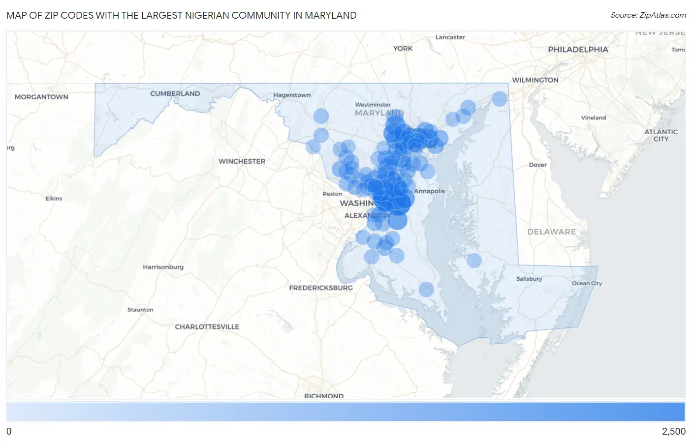 Zip Codes with the Largest Nigerian Community in Maryland Map