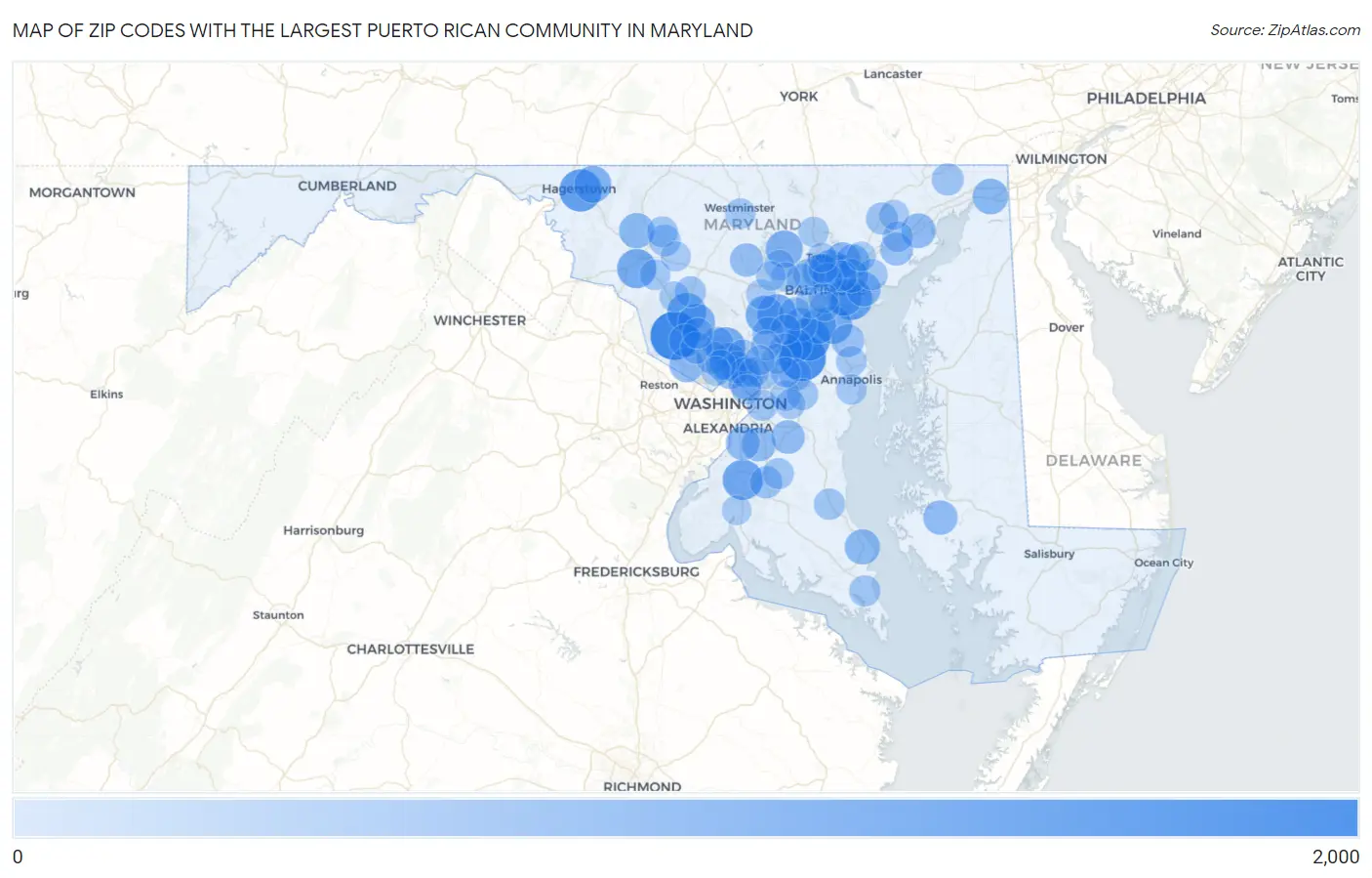 Zip Codes with the Largest Puerto Rican Community in Maryland Map