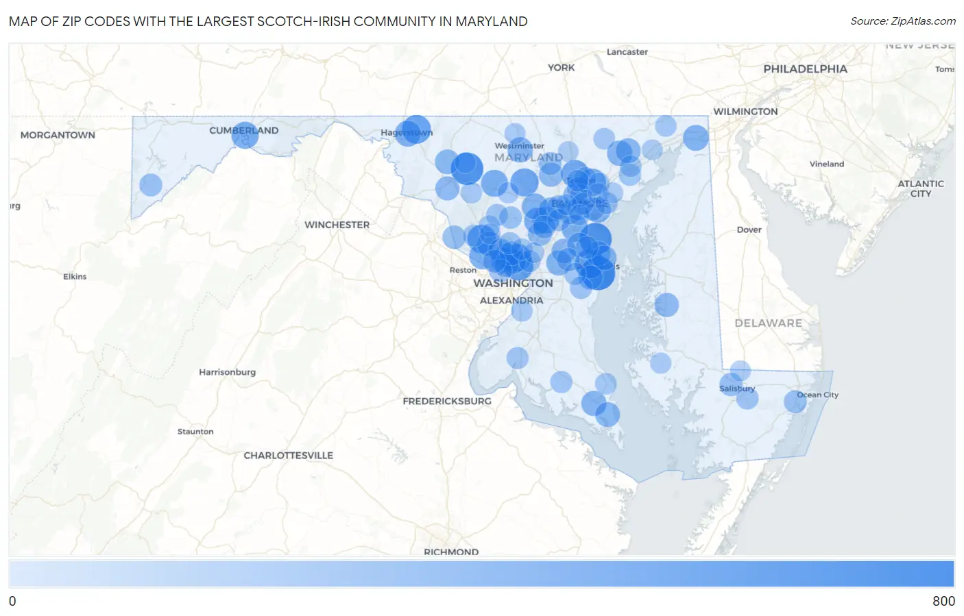 Zip Codes with the Largest Scotch-Irish Community in Maryland Map