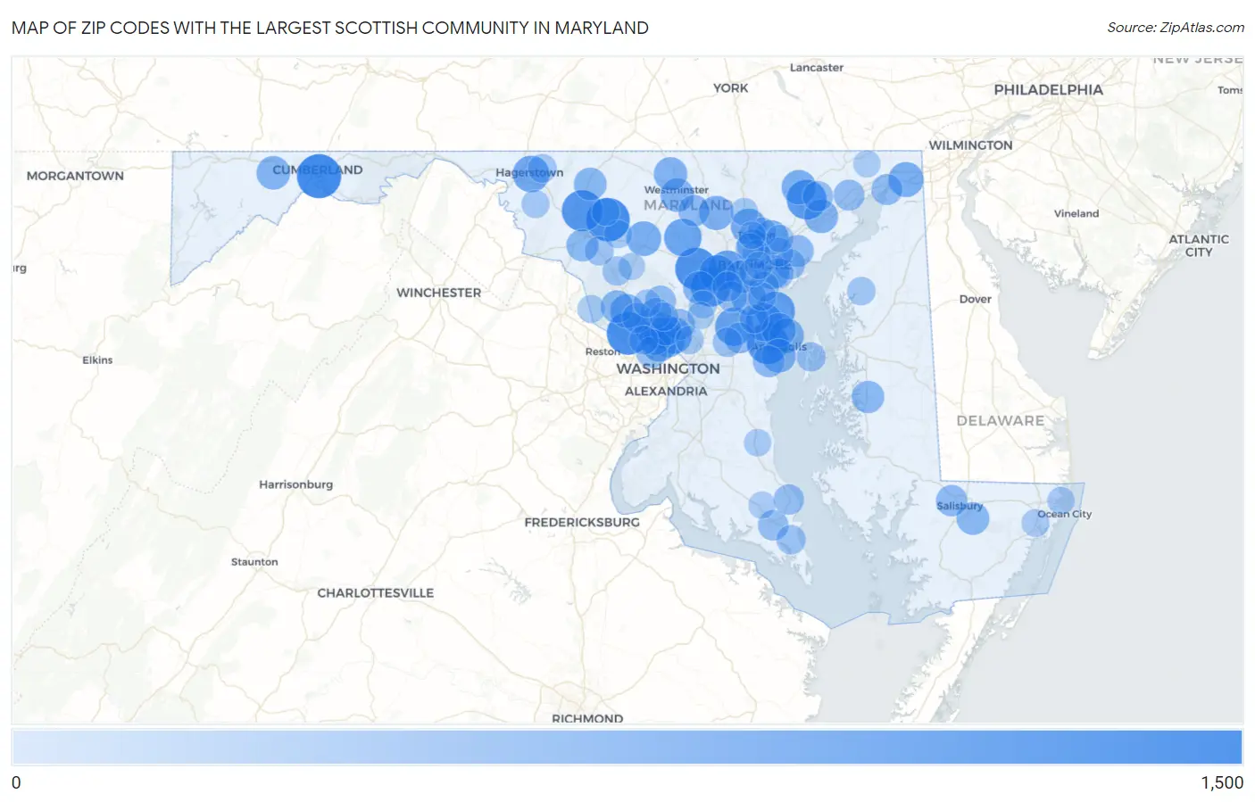 Zip Codes with the Largest Scottish Community in Maryland Map