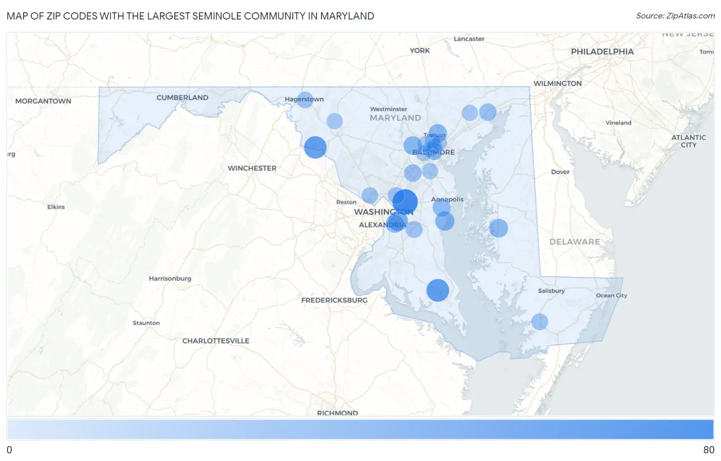 Zip Codes with the Largest Seminole Community in Maryland Map