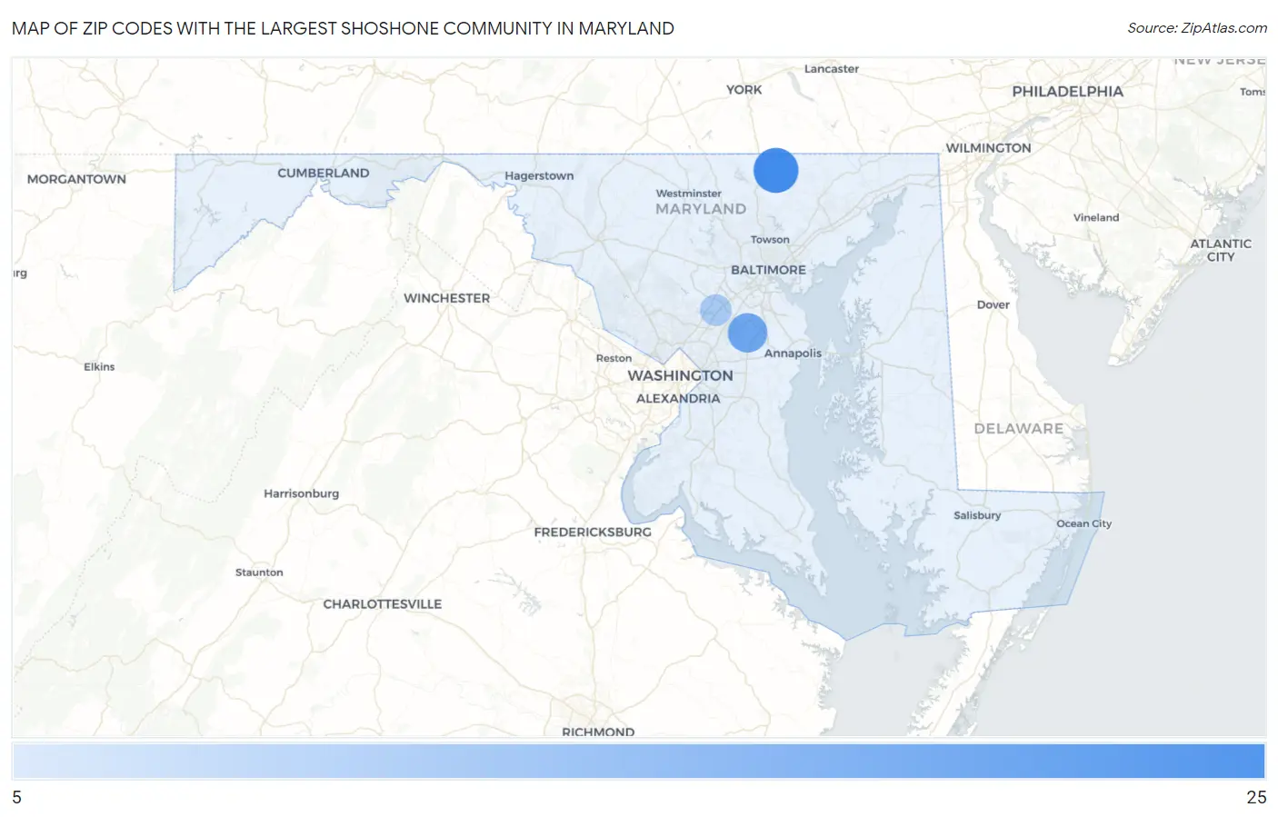 Zip Codes with the Largest Shoshone Community in Maryland Map
