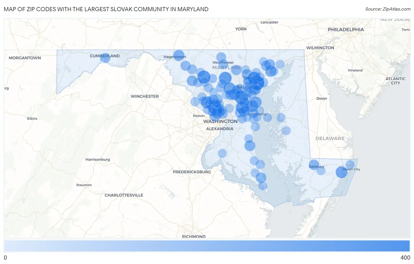 Zip Codes with the Largest Slovak Community in Maryland Map