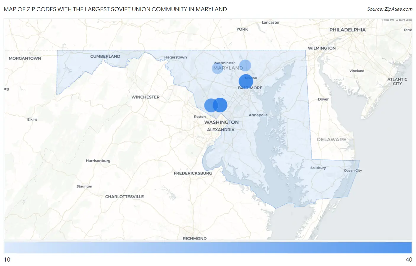 Zip Codes with the Largest Soviet Union Community in Maryland Map