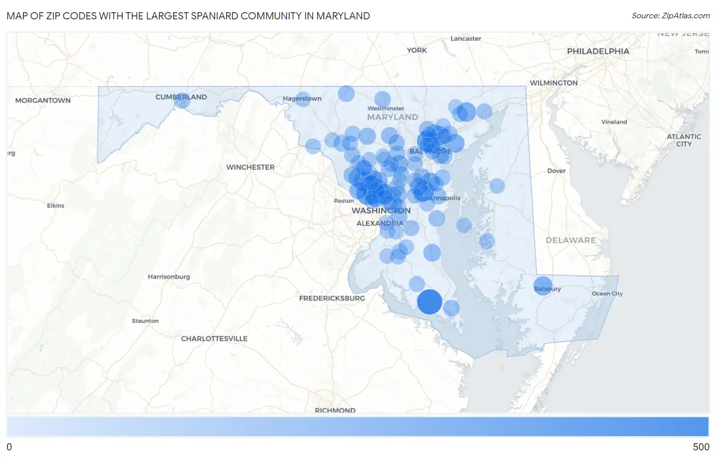 Zip Codes with the Largest Spaniard Community in Maryland Map