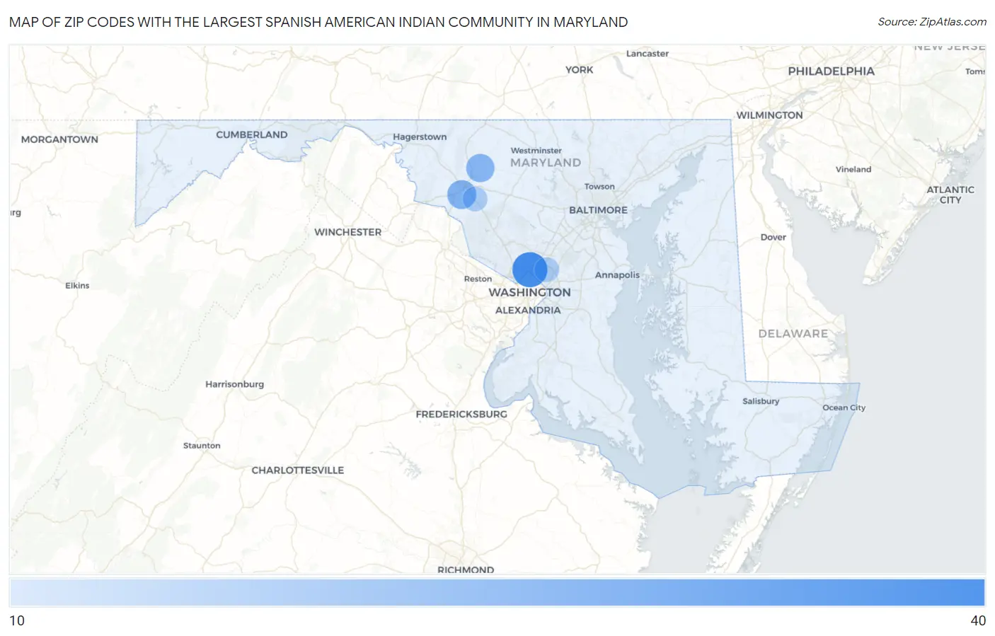 Zip Codes with the Largest Spanish American Indian Community in Maryland Map