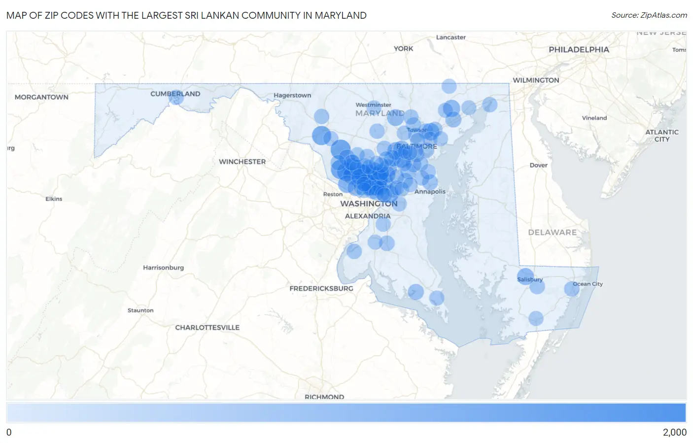 Zip Codes with the Largest Sri Lankan Community in Maryland Map