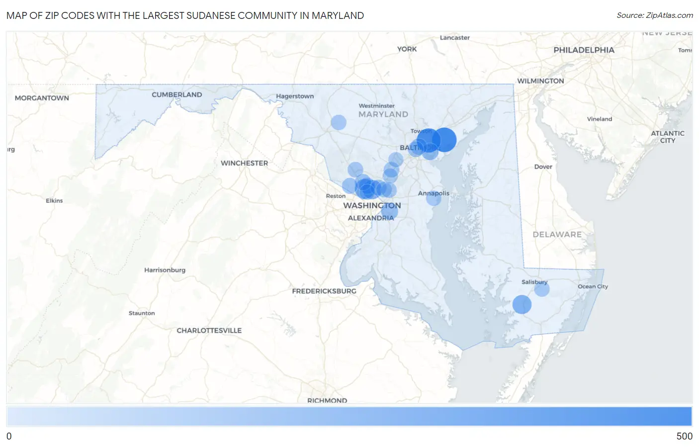 Zip Codes with the Largest Sudanese Community in Maryland Map