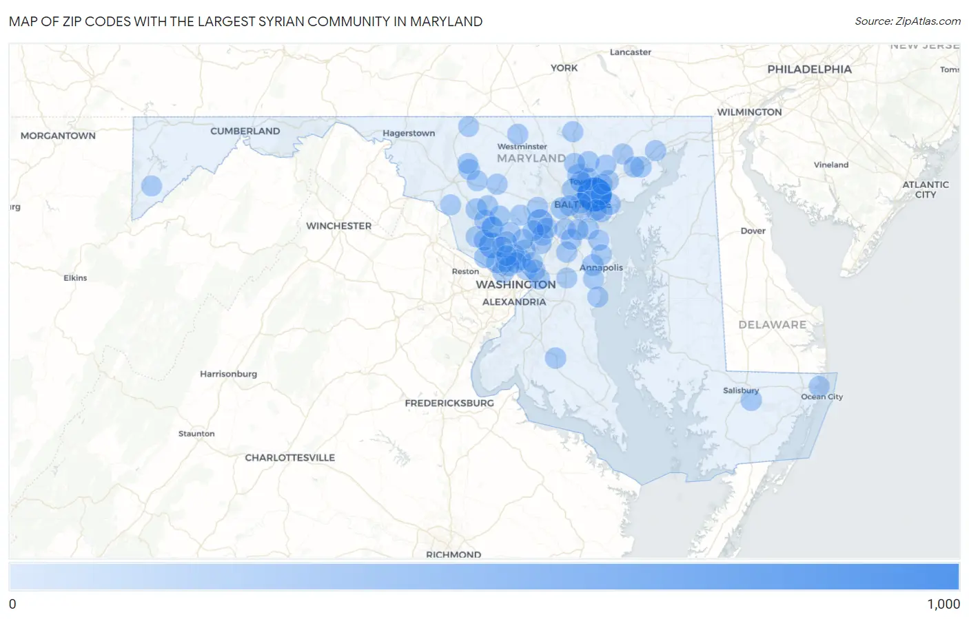 Zip Codes with the Largest Syrian Community in Maryland Map
