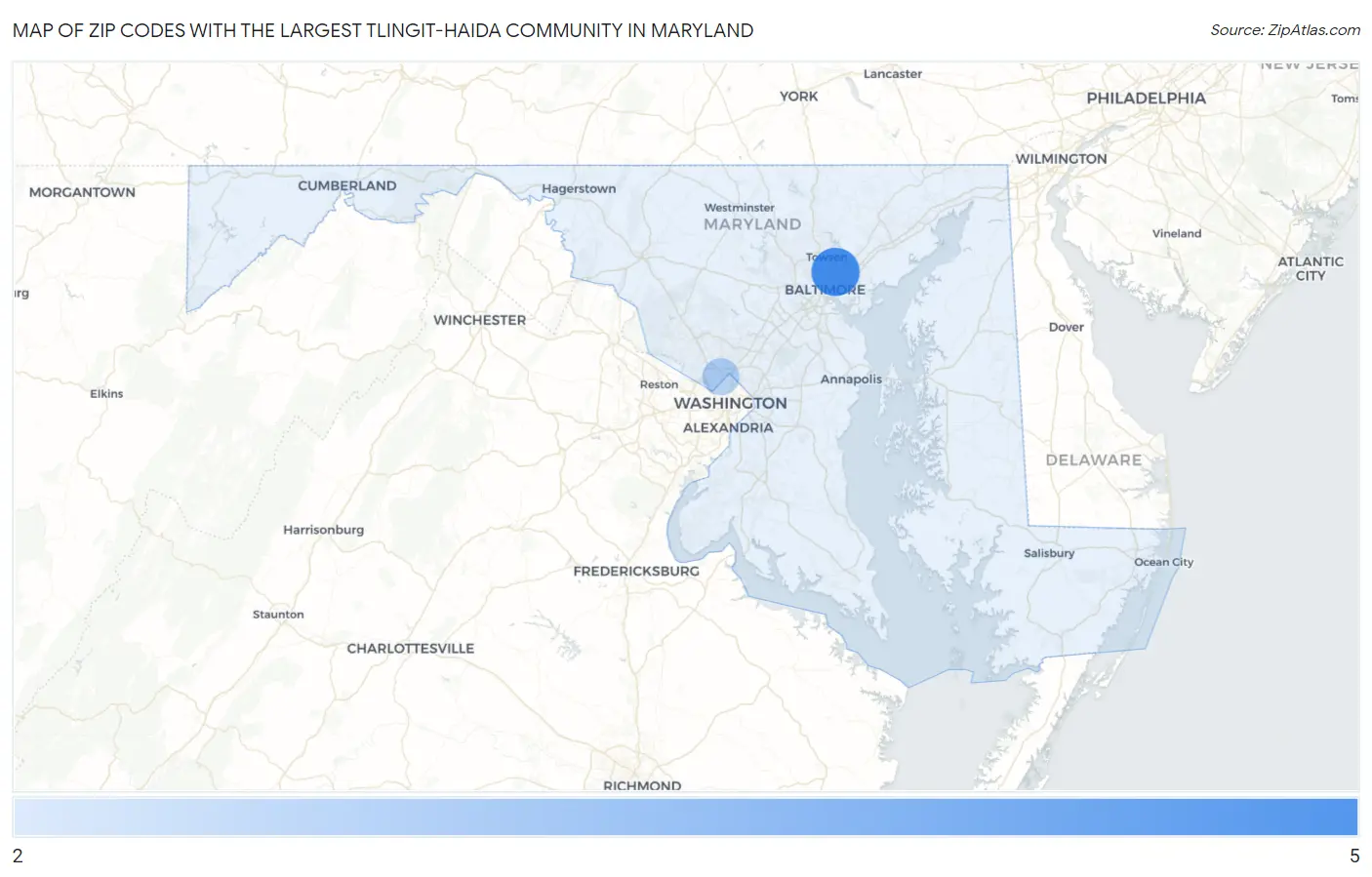 Zip Codes with the Largest Tlingit-Haida Community in Maryland Map