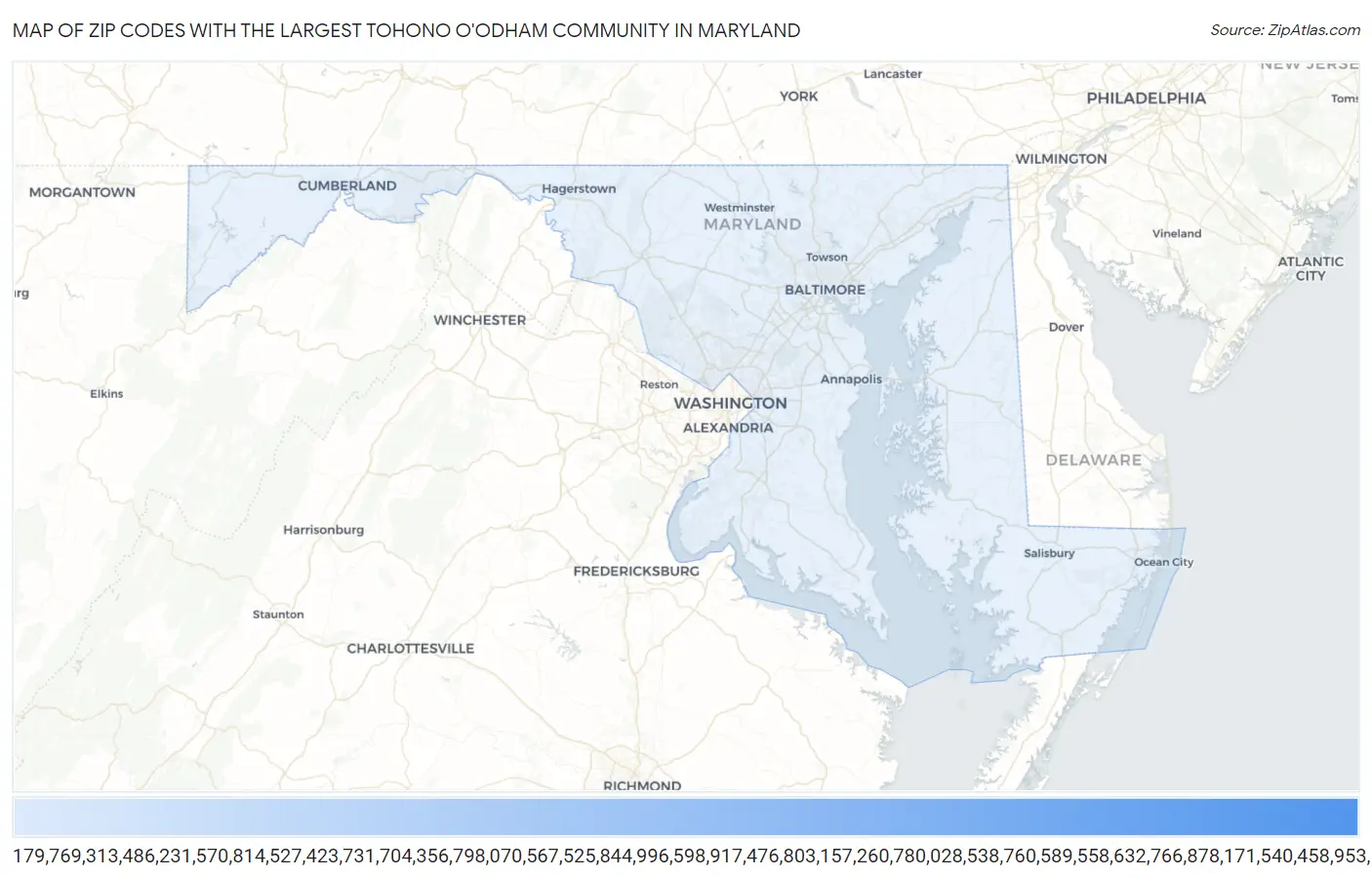 Zip Codes with the Largest Tohono O'Odham Community in Maryland Map