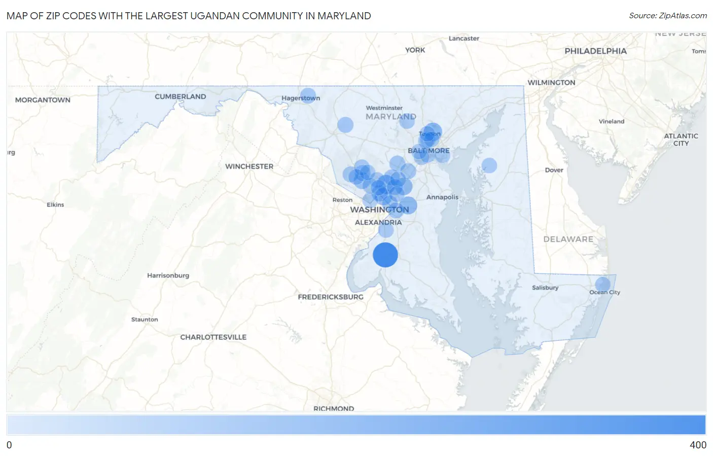 Zip Codes with the Largest Ugandan Community in Maryland Map