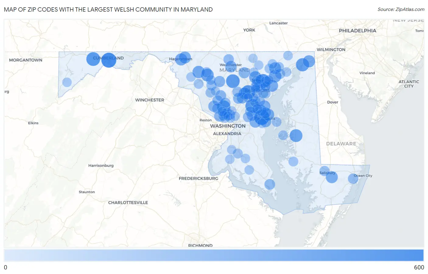 Zip Codes with the Largest Welsh Community in Maryland Map