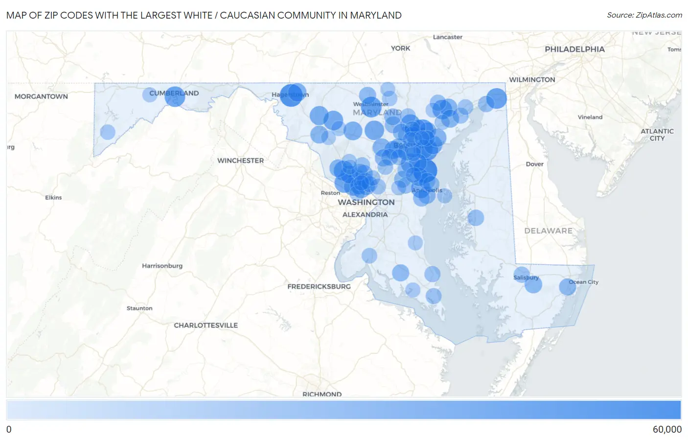 Zip Codes with the Largest White / Caucasian Community in Maryland Map