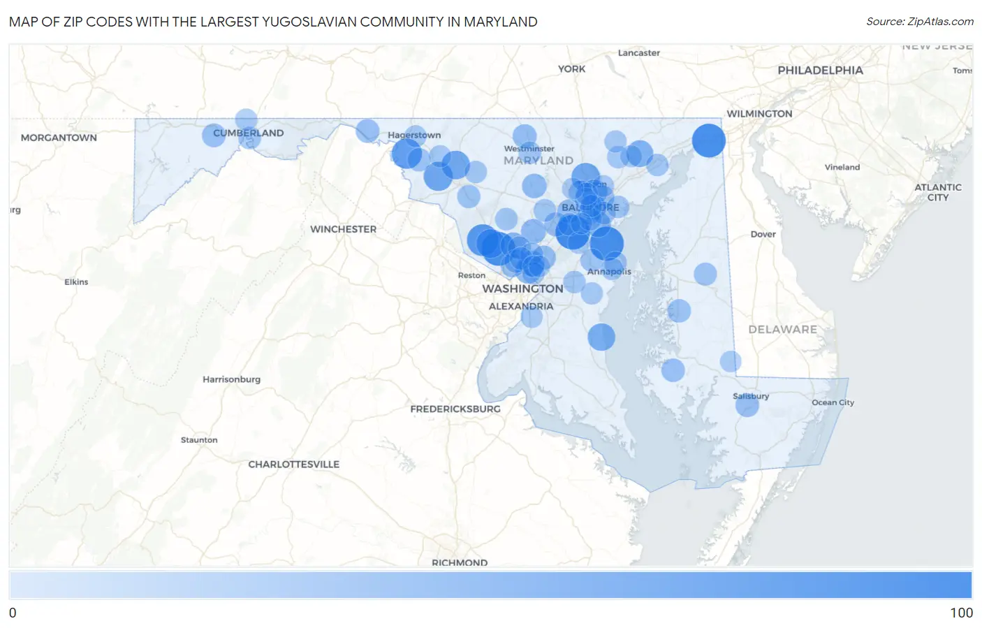 Zip Codes with the Largest Yugoslavian Community in Maryland Map