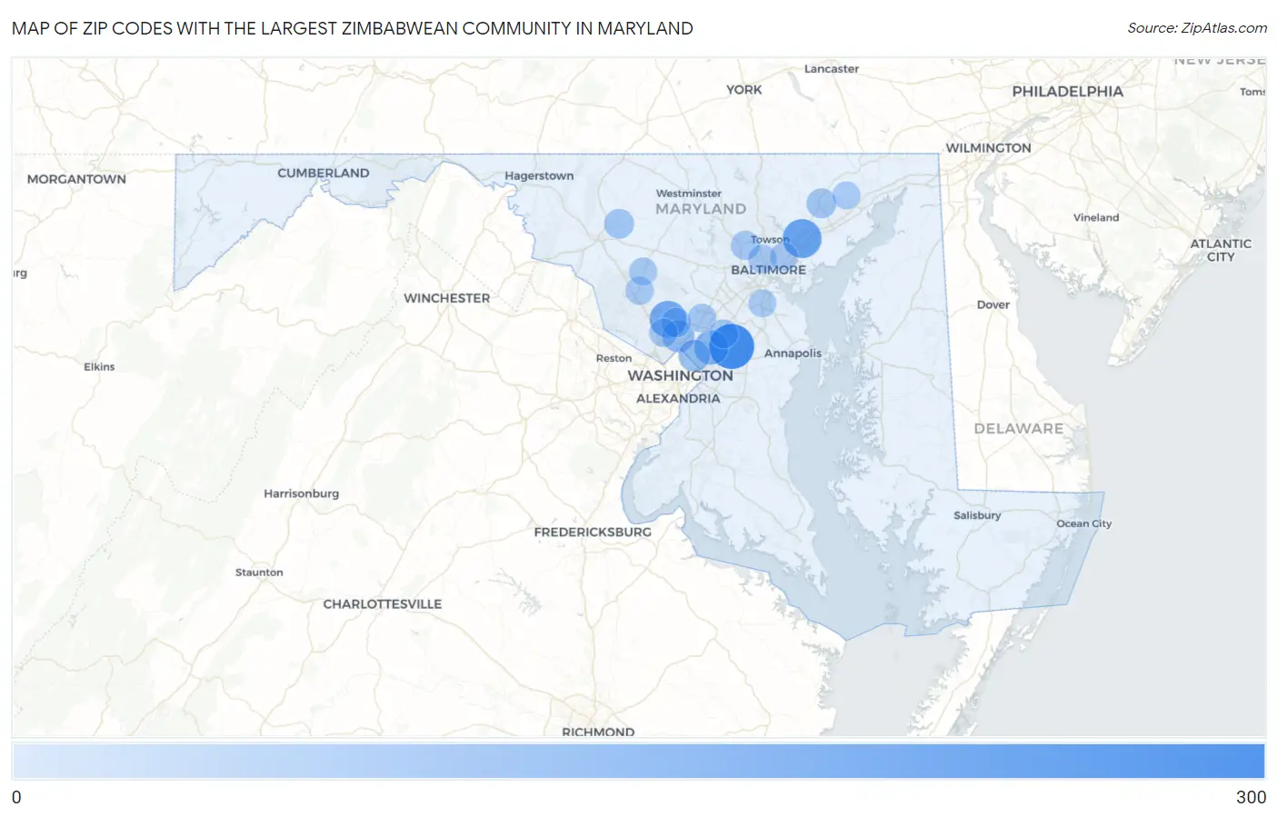 Zip Codes with the Largest Zimbabwean Community in Maryland Map