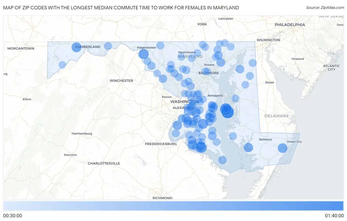 Zip Codes with the Longest Median Commute Time to Work for Females in Maryland Map