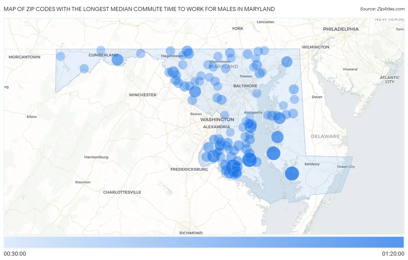 Zip Codes with the Longest Median Commute Time to Work for Males in Maryland Map