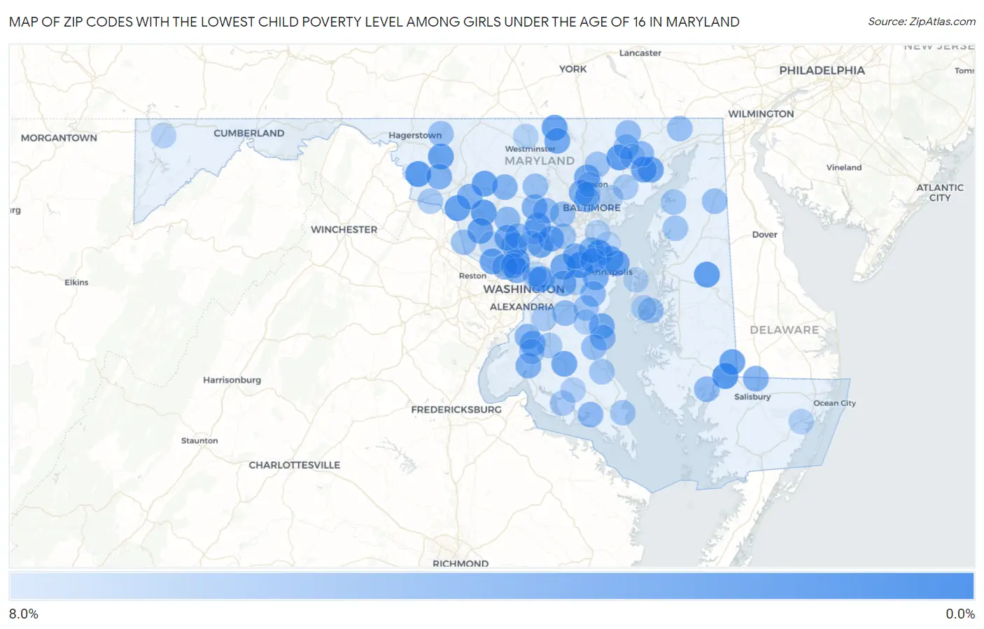 Zip Codes with the Lowest Child Poverty Level Among Girls Under the Age of 16 in Maryland Map